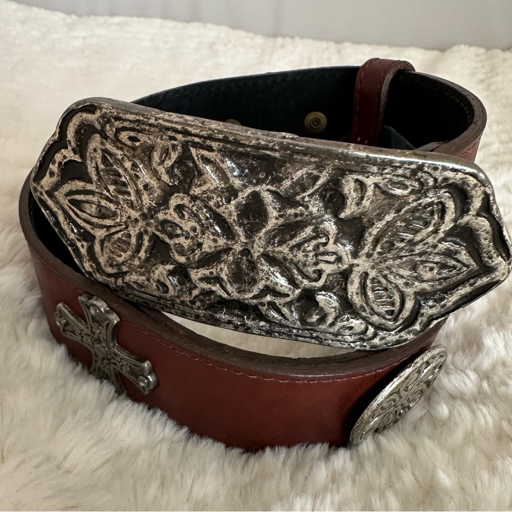 Patricia Green Vintage Leather Belt with Detailed Silver Buckle and Accents